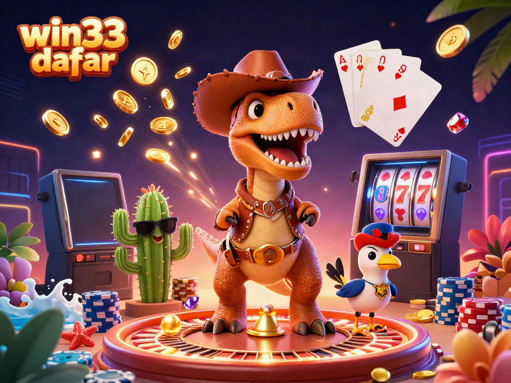 Spin to win on WIN33 daftar with a dynamic 3D illustration capturing the excitement of online slots and gaming.