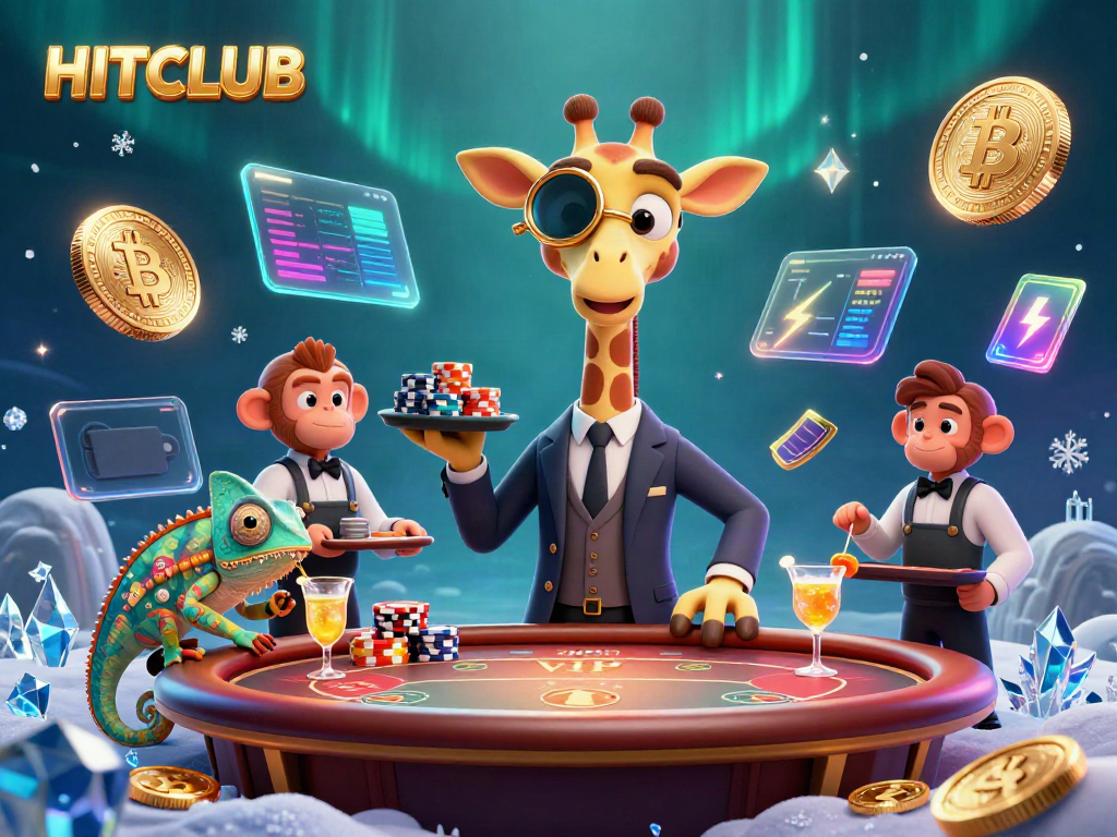 Engage with the HITCLUB gaming world featuring a high-roller giraffe at a poker table, immersed in vibrant casino elements.