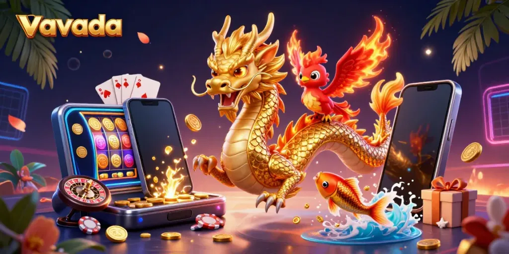 Win big at Vavada with a golden dragon and phoenix in a vibrant casino scene.
