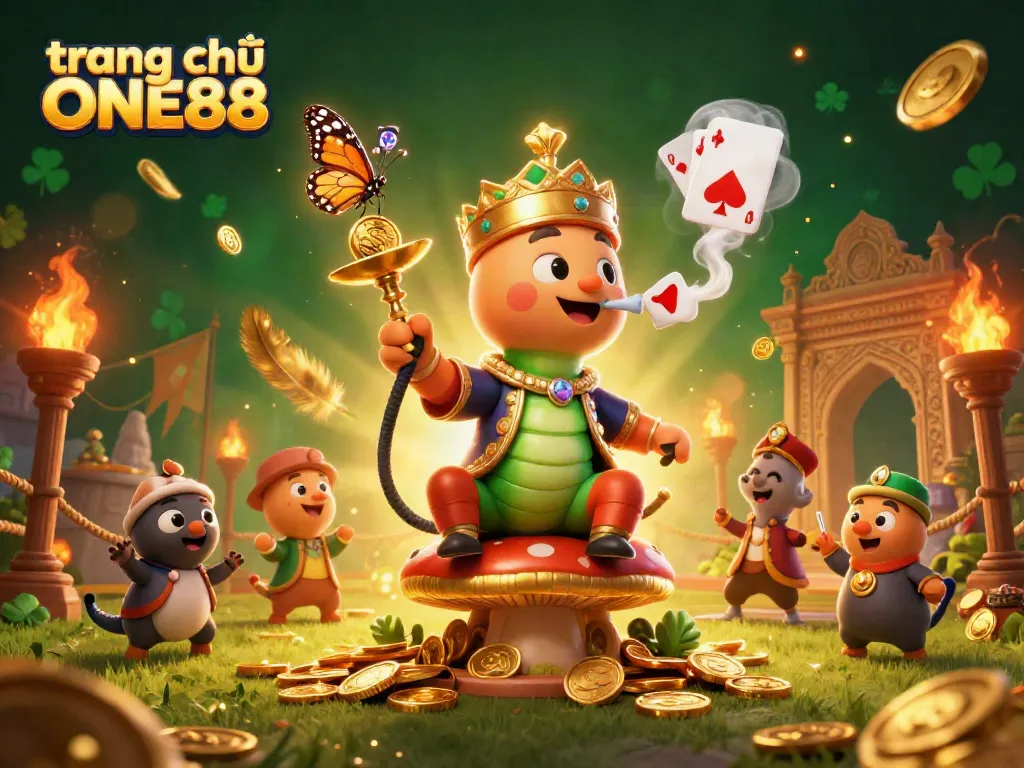 Experience thrill at trang chủ ONE88 with a captivating 3D illustration of a catered hookah-master in a vibrant casino.