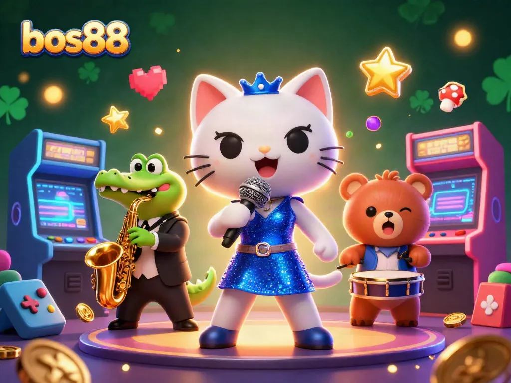 Permainan slot di bos88 dengan kucing penyanyi jazz dan krokodil keren pada panggung kasino.