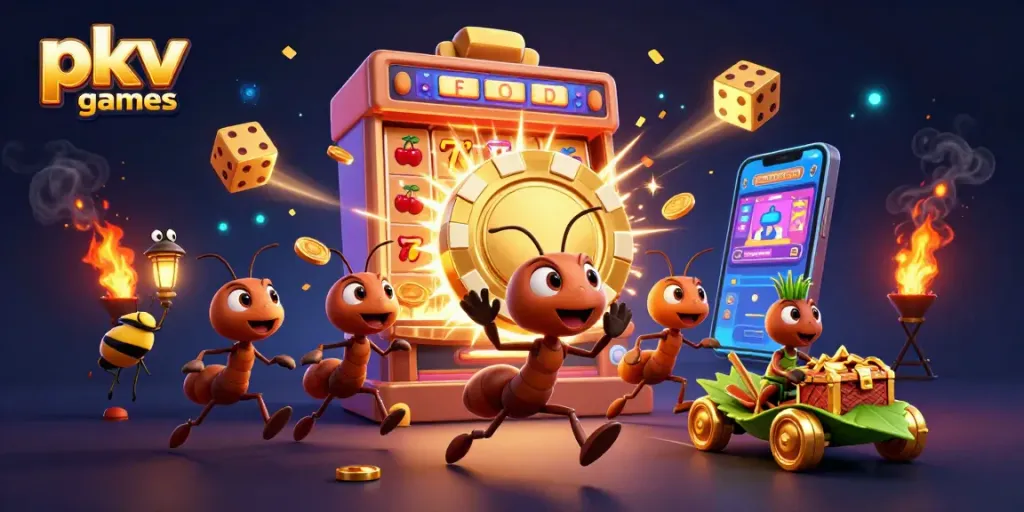 Experience the excitement of pkv games with a 3D cartoon heist scene featuring ants, poker chips, and dynamic casino elements.