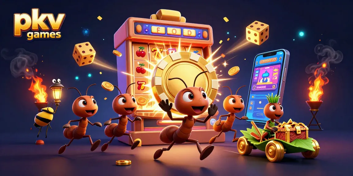 Experience the excitement of pkv games with a 3D cartoon heist scene featuring ants, poker chips, and dynamic casino elements.