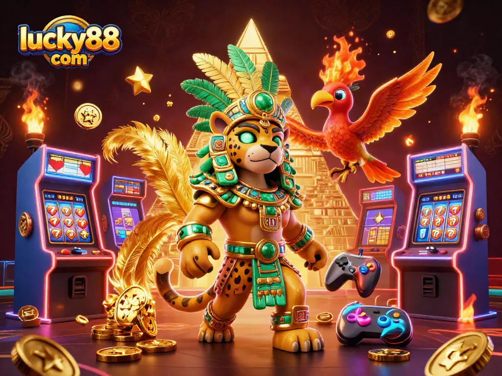 Engage with lucky88 com through thrilling gameplay featuring colorful arcade machines and iconic slot reels.