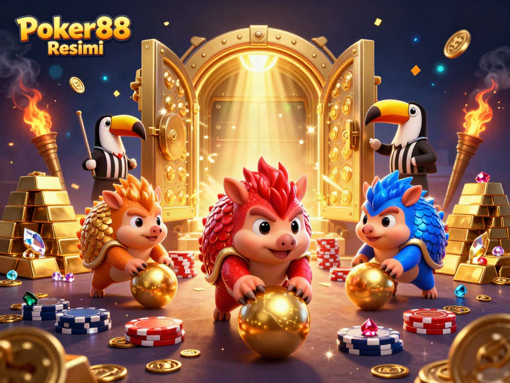Engage with Poker88 Resmi by enjoying a competitive scene with lively pangolins and poker chips.