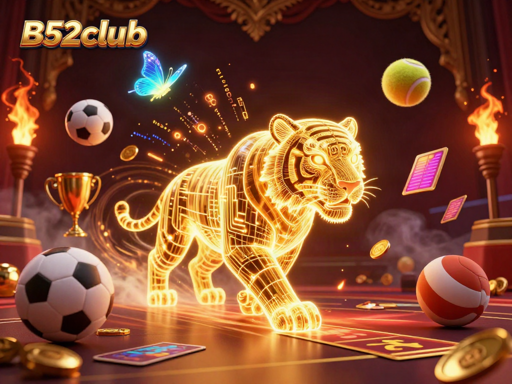 B52club captures the thrill of gaming with a neon tiger amidst dynamic sports betting elements.