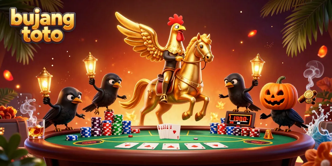 Engage with bujang toto in a vibrant casino scene featuring a golden rooster riding a spectral horse.