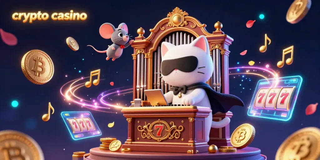 Experience the excitement of a vibrant crypto casino with our animated scene featuring iconic symbols of gaming.
