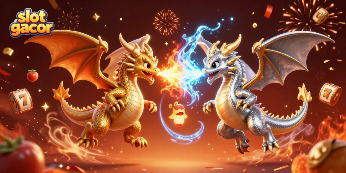 Engage with slot gacor in this dynamic 3D illustration featuring two dragon characters and casino elements.