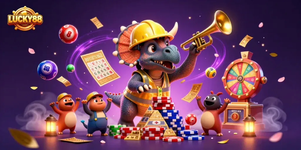 LUCKY88 casino illustration featuring a 3D triceratops and parasaurolophus celebrating with vibrant gaming elements.