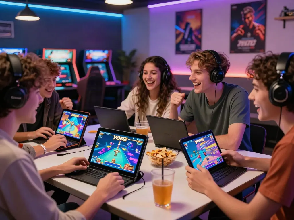 Friends enjoying Yono Arcade on a mobile device in a vibrant gaming lounge.
