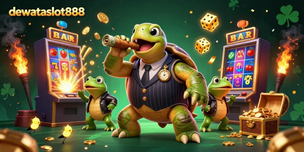 Mengakses dunia permainan online di dewataslot888 dengan visual cerutu terbuat dari uang, penyu bersuitpinstripe, dan simbol slot.