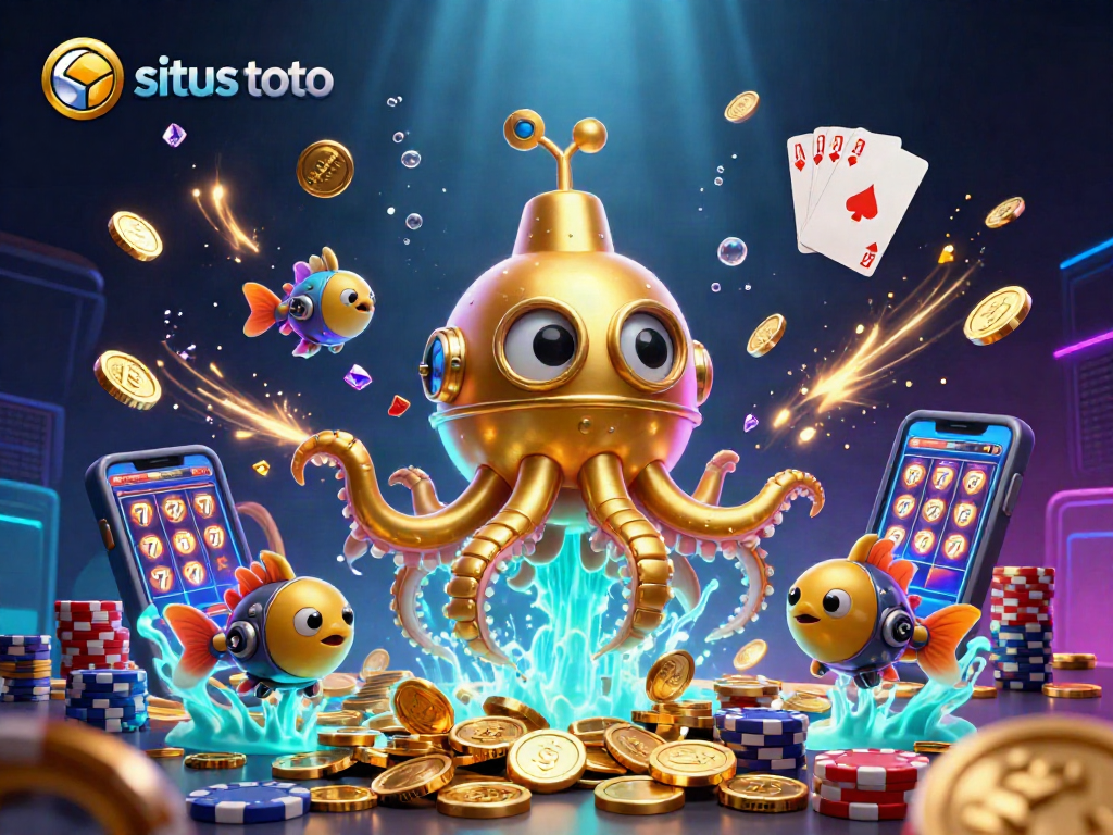 Immerse in the excitement of situs toto with a vibrant 3D illustration surrounded by gold coins and gaming elements.