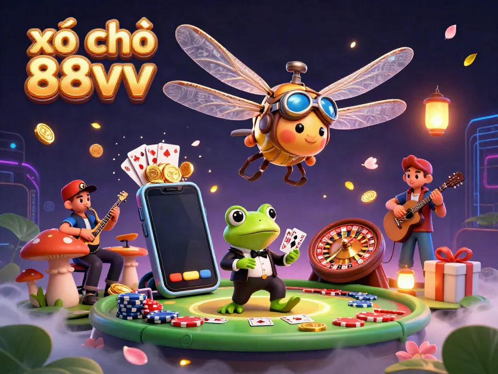 Experience the excitement of xổ số 88vv as a dragonfly pilot and frog croupier engage in a vibrant casino scene.