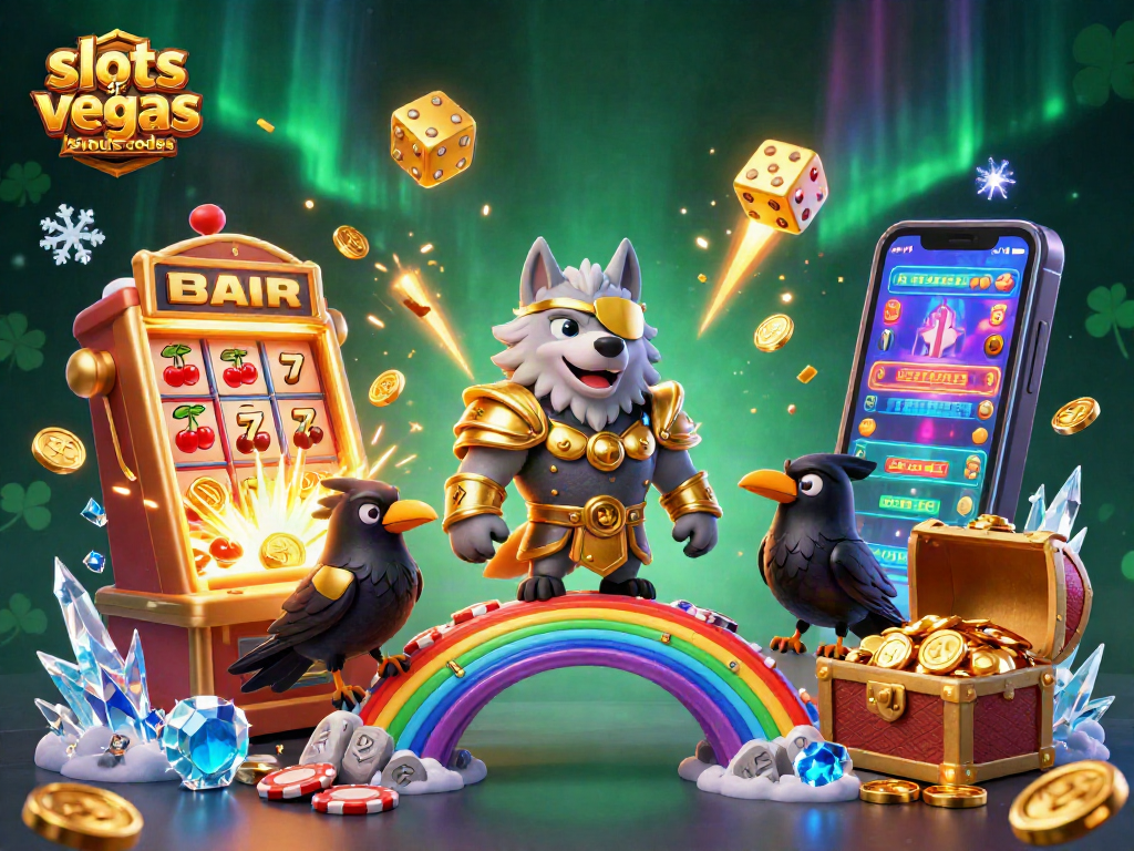 Spin thrilling slots of vegas bonus codes while embracing epic Norse mythology elements in this vibrant illustration.