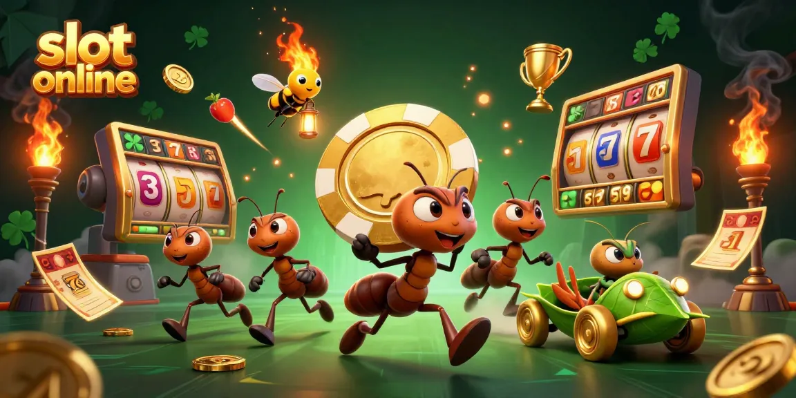 Engage with slot online action as ants carry a golden chip amidst vibrant casino elements.