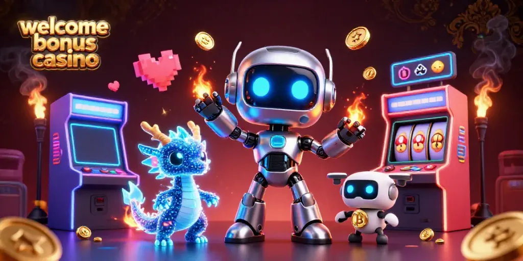 Engage with exciting offers in the welcome bonus casino, featuring a neon-themed 3D digital scene.