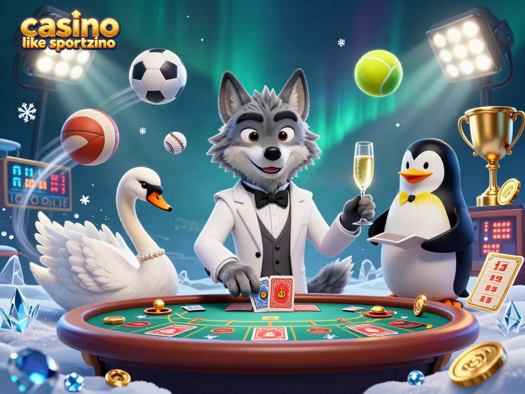 Play engaging games like casino like sportzino with wolf, swan, and penguin in a vibrant 3D scene.