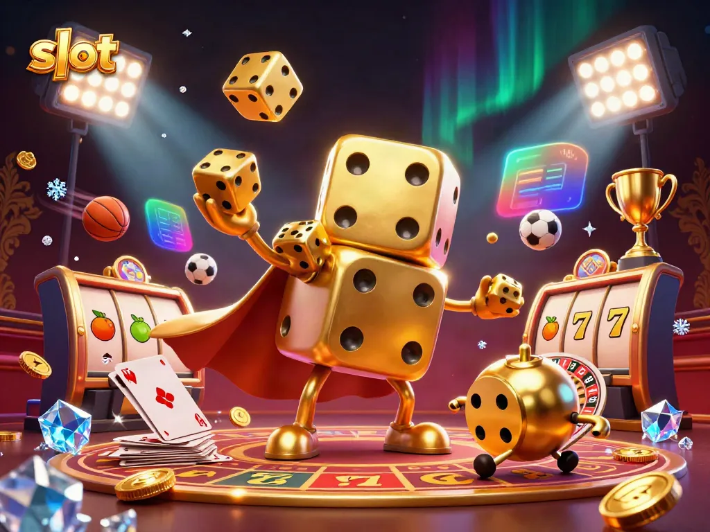 Engage in exciting slot gameplay with vibrant, dynamic 3D graphics featuring golden dice and lucky symbols.