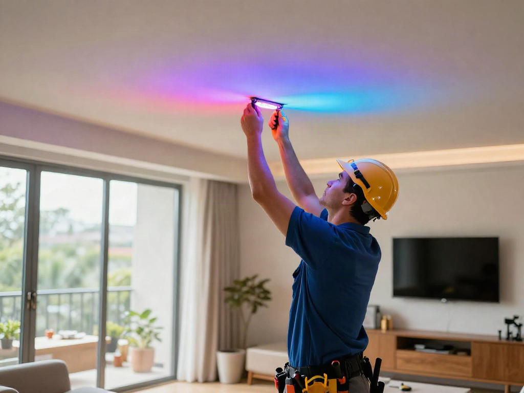 Instalator profesionist montând banda led cob într-un interior modern, oferind iluminat eficient și culori vibrante.