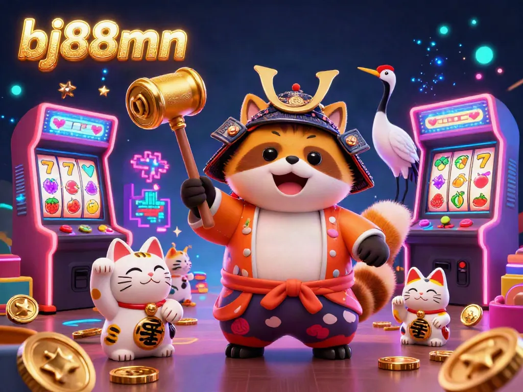 Engage with bj88mn's vibrant casino scene featuring a cheerful tanuki, gaming symbols, and electrifying visuals.