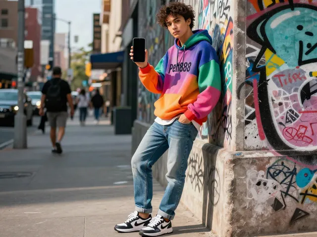 Youth in stylish peh888 streetwear posing in vibrant urban setting