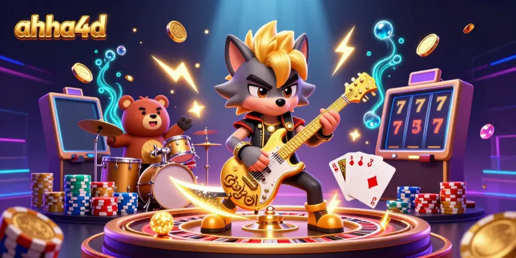 Engaging illustration of ahha4d featuring a rock star wolf playing guitar and vibrant casino elements.