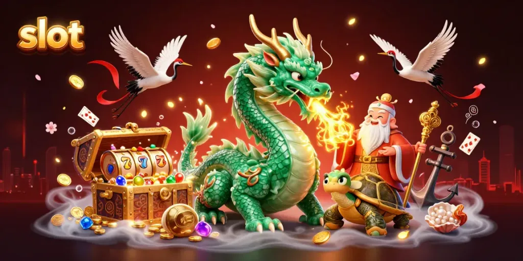 Experience thrilling slot adventures with a dragon, turtle sage, and lucky cranes enriching the scene.