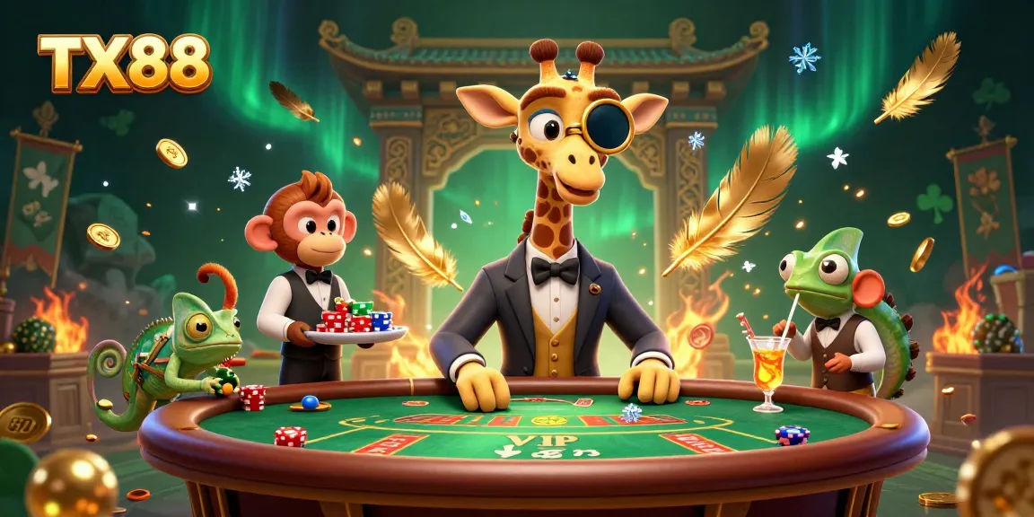 Experience thrilling casino action with TX88's high-roller giraffe at a VIP poker table.