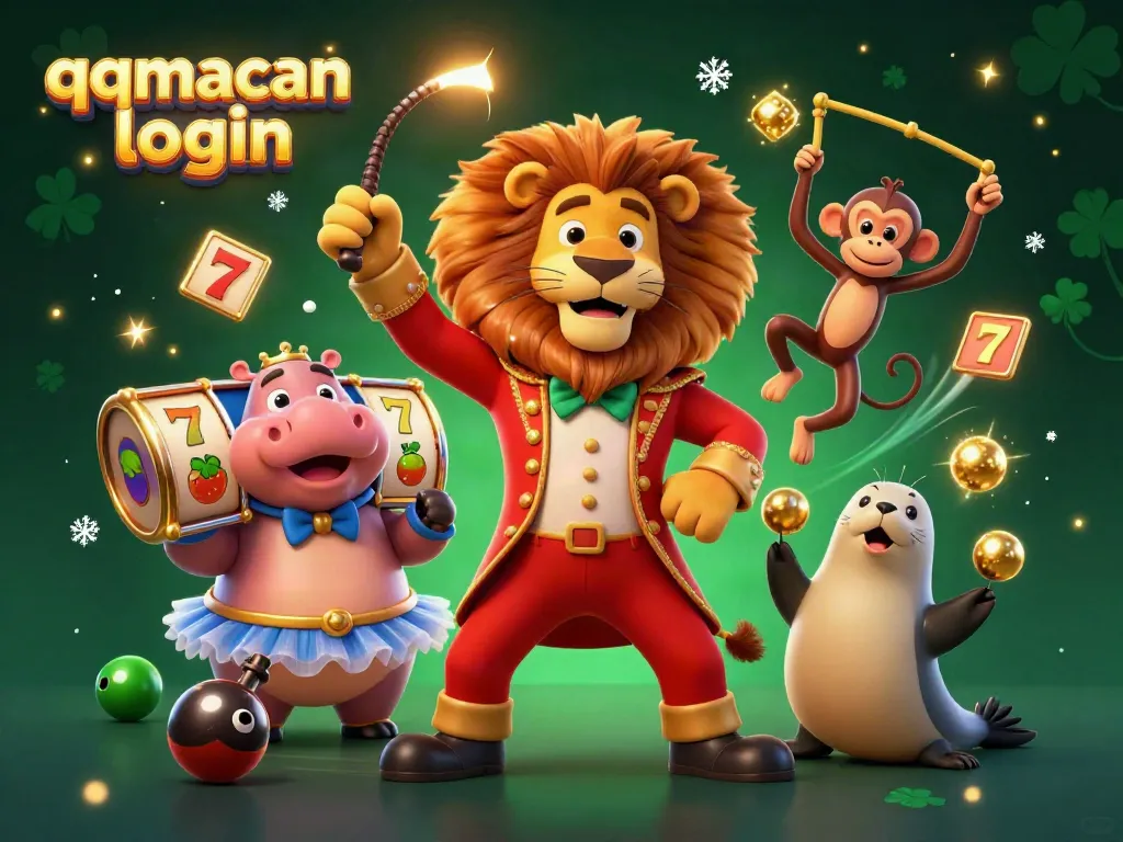 Experience the thrill of qqmacan login with a vibrant circus scene featuring a lion, hippo, monkey, and seal showcasing slot game elements.