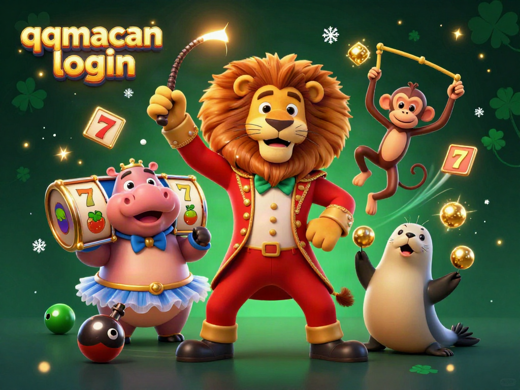 Experience the thrill of qqmacan login with a vibrant circus scene featuring a lion, hippo, monkey, and seal showcasing slot game elements.