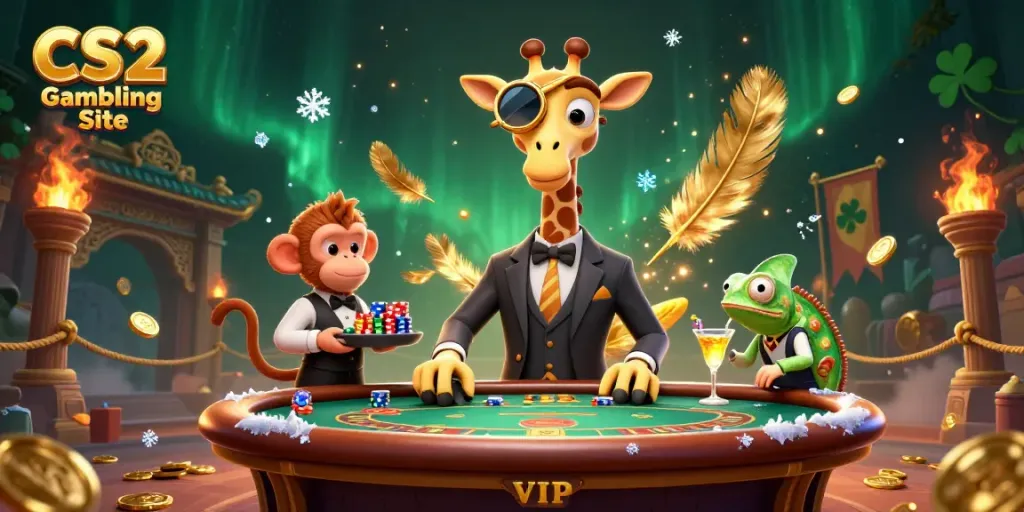 Experience the thrill of the CS2 Gambling Site with a high-roller giraffe, monkey valet, and chameleon bartender in a vibrant casino scene.