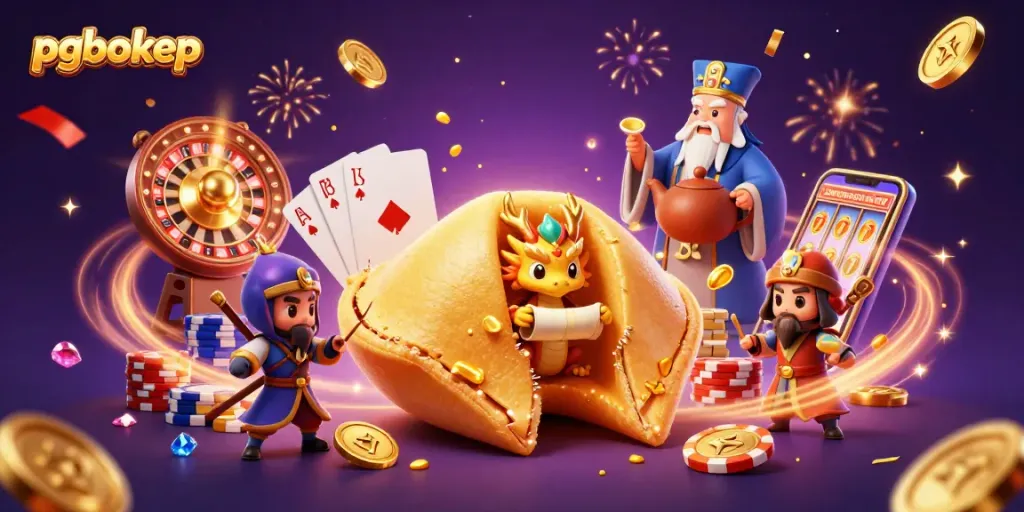 pgbokep fortune cookie scene with golden coins and vibrant casino elements in 3D.