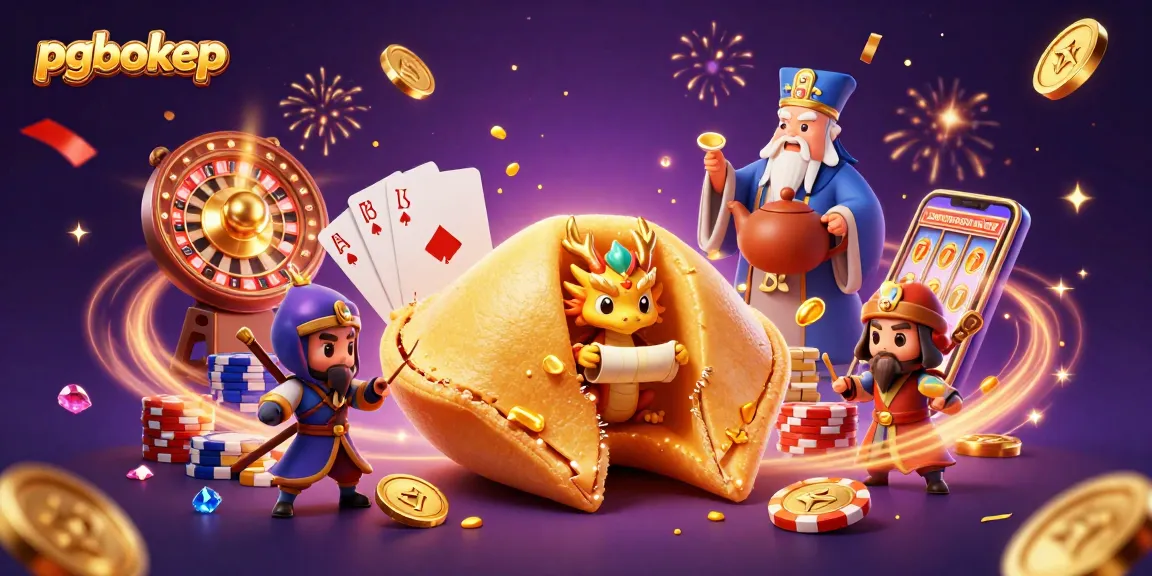 pgbokep fortune cookie scene with golden coins and vibrant casino elements in 3D.