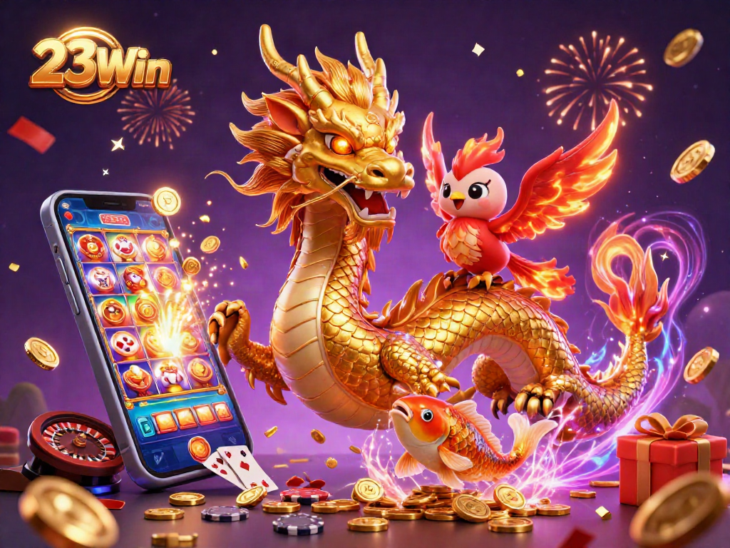 Experience exciting wins at 23Win with a dynamic casino scene showcasing games and lucky symbols.