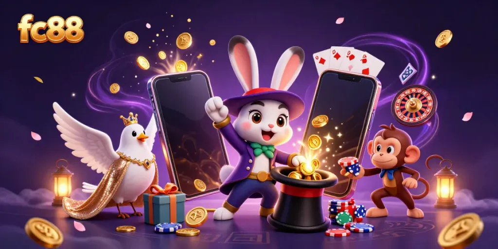 Experience the magic of fc88 as a magician rabbit conjures riches, surrounded by dazzling casino elements.