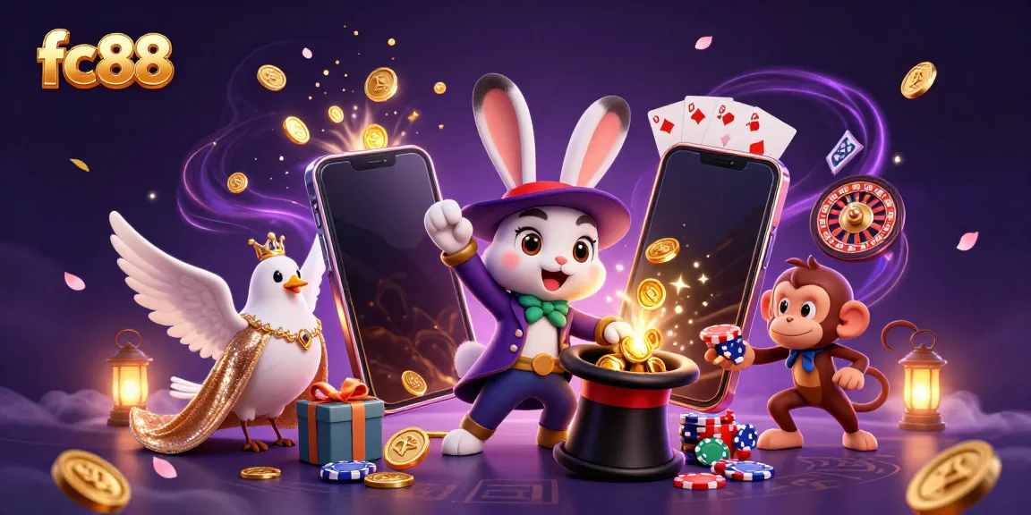 Experience the magic of fc88 as a magician rabbit conjures riches, surrounded by dazzling casino elements.