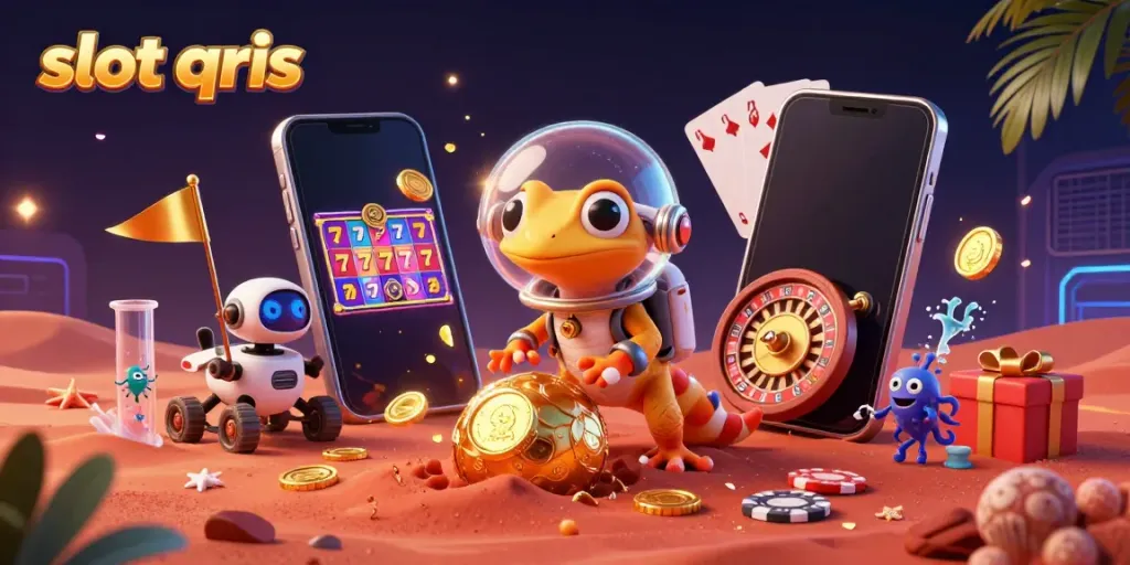 Engaging slot qris scene with a Martian gecko discovering a golden casino, featuring exciting slot game elements.