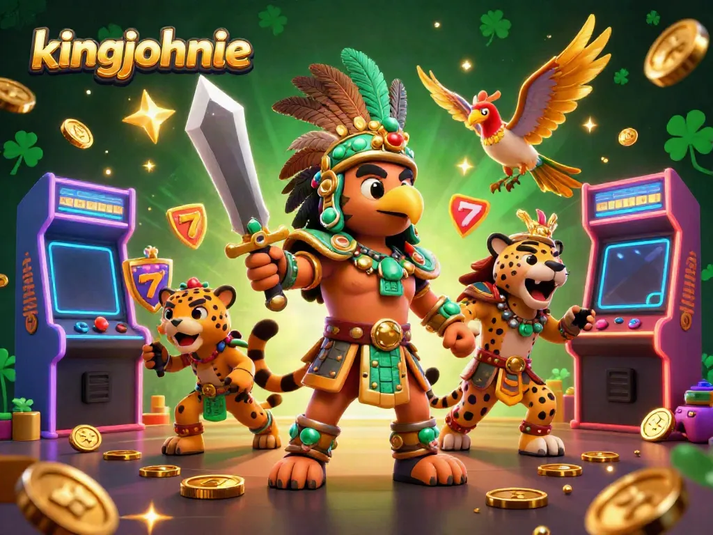 Engage with kingjohnnie's vibrant casino world, featuring a cartoon eagle warrior and immersive gaming action.