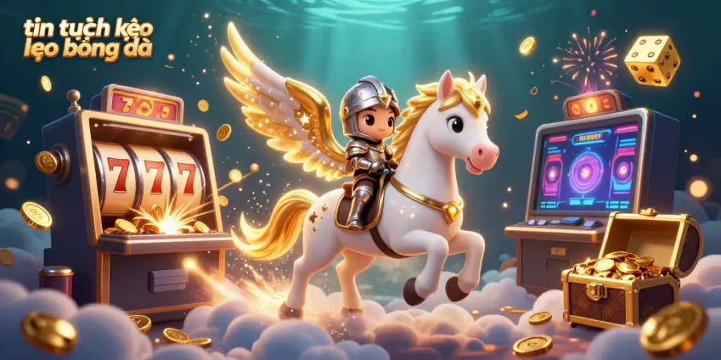 Engage with the latest tin tức kèo bóng đá featuring a vibrant 3D knight and celestial horse amidst casino imagery.