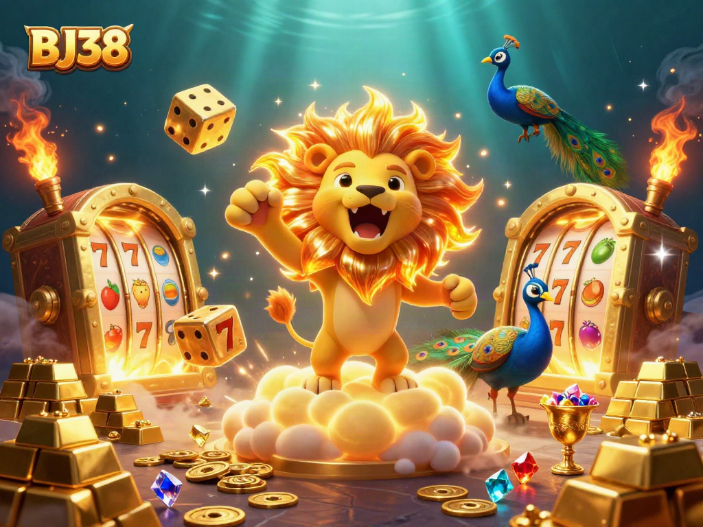Engage with the BJ38 scene showcasing a roaring lion and dynamic golden gambling elements.