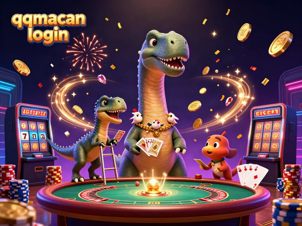 Engage with the thrilling qqmacan login experience, featuring a brontosaurus and a raptor in a vibrant casino scene.