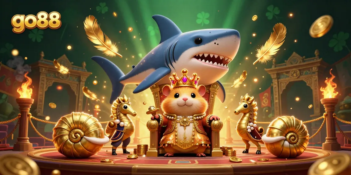 Bet on exciting adventures at go88, featuring a fierce hamster king in a golden throne surrounded by games.