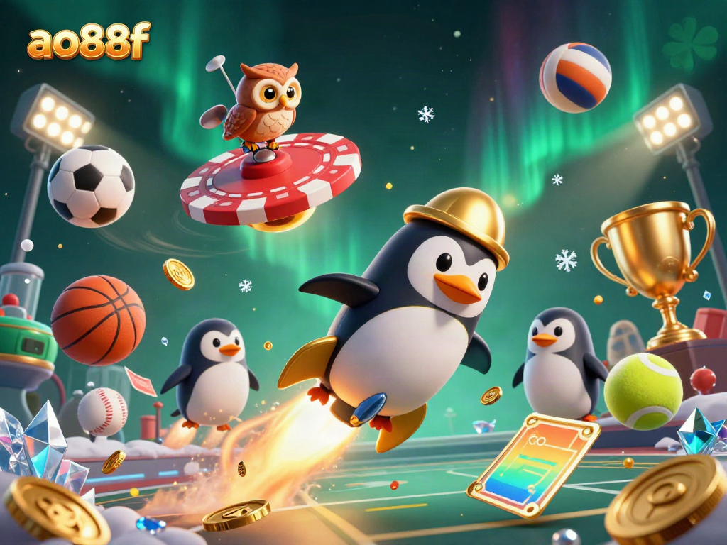 Experience ao88f's exciting space-themed casino adventure with a golden penguin and dynamic sports elements.