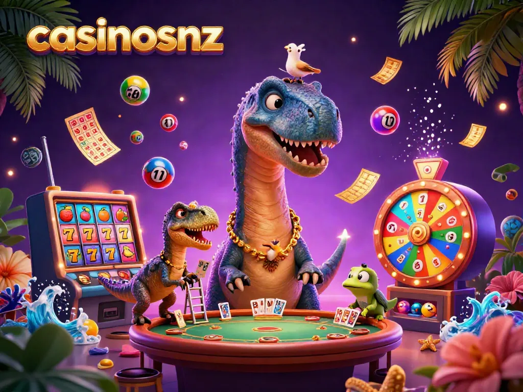 Engage with casinosnz; experience vibrant 3D casino illustration featuring a brontosaurus and raptor among dynamic games.