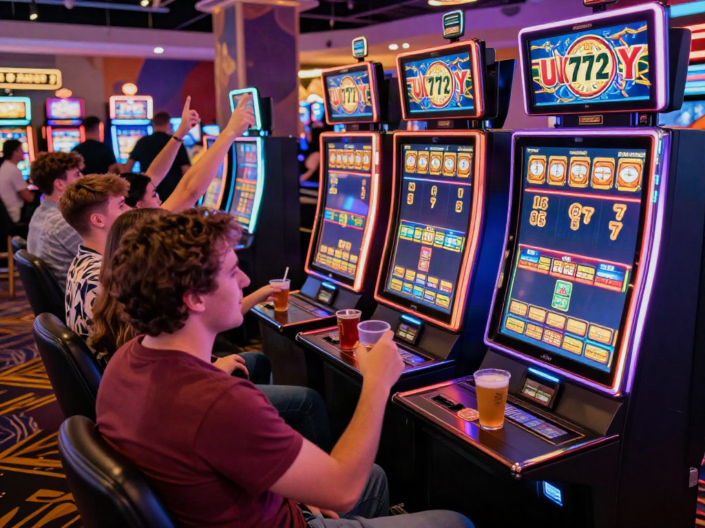 Exciting Lucky777 casino scene with players at slot machines and neon lights.