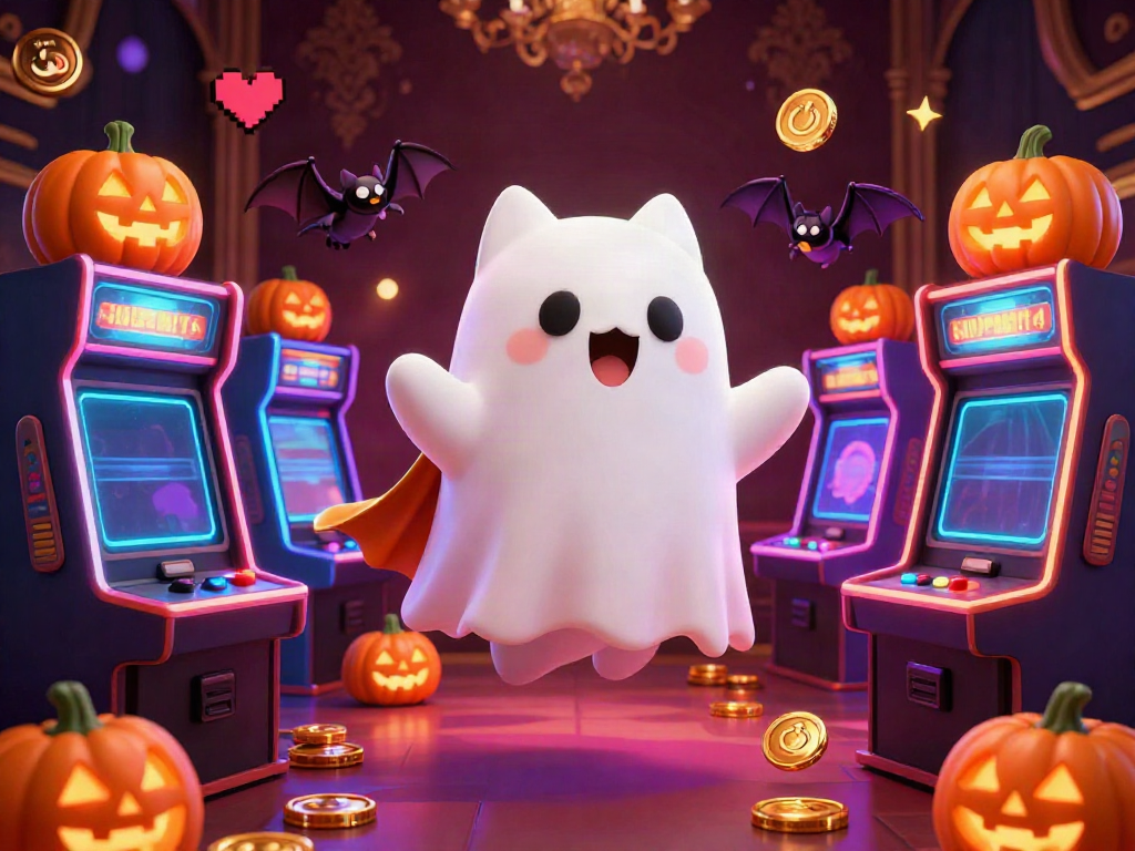 Experience the excitement of debet casino with a ghost cat and bat amidst slot machines.