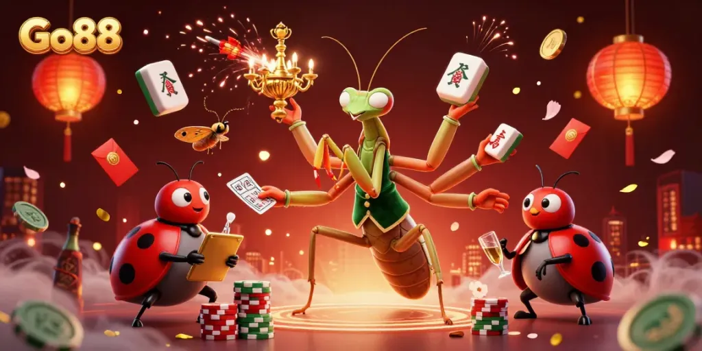 Experience the excitement of Go88 with a vibrant scene of a mantis card sharp and ladybug pit boss in a dynamic casino setting.