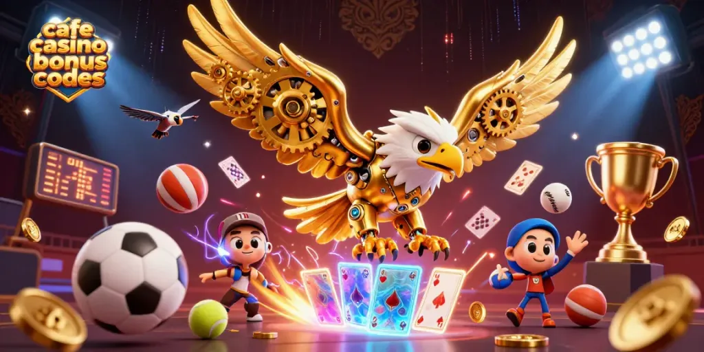 Cafe Casino bonus codes illustrated with a dynamic scene featuring a golden eagle diving through cards and sports elements.