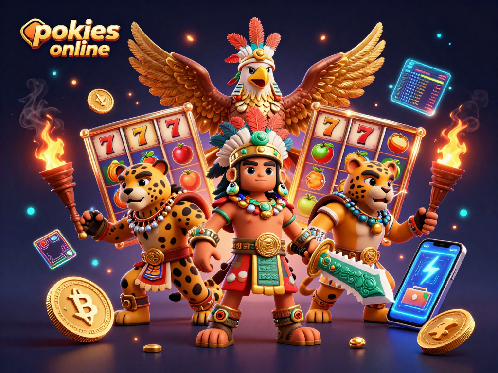 Experience the excitement of pokies online with vibrant characters and slot elements in a detailed illustration.